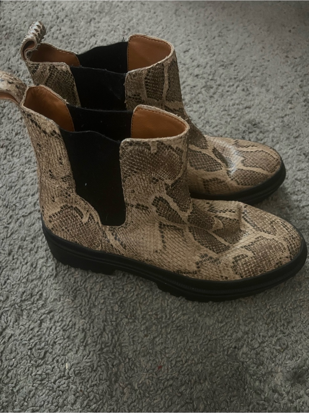 Lucky Brand Snake-Print Chelsea Ankle Boots in Beige and Black